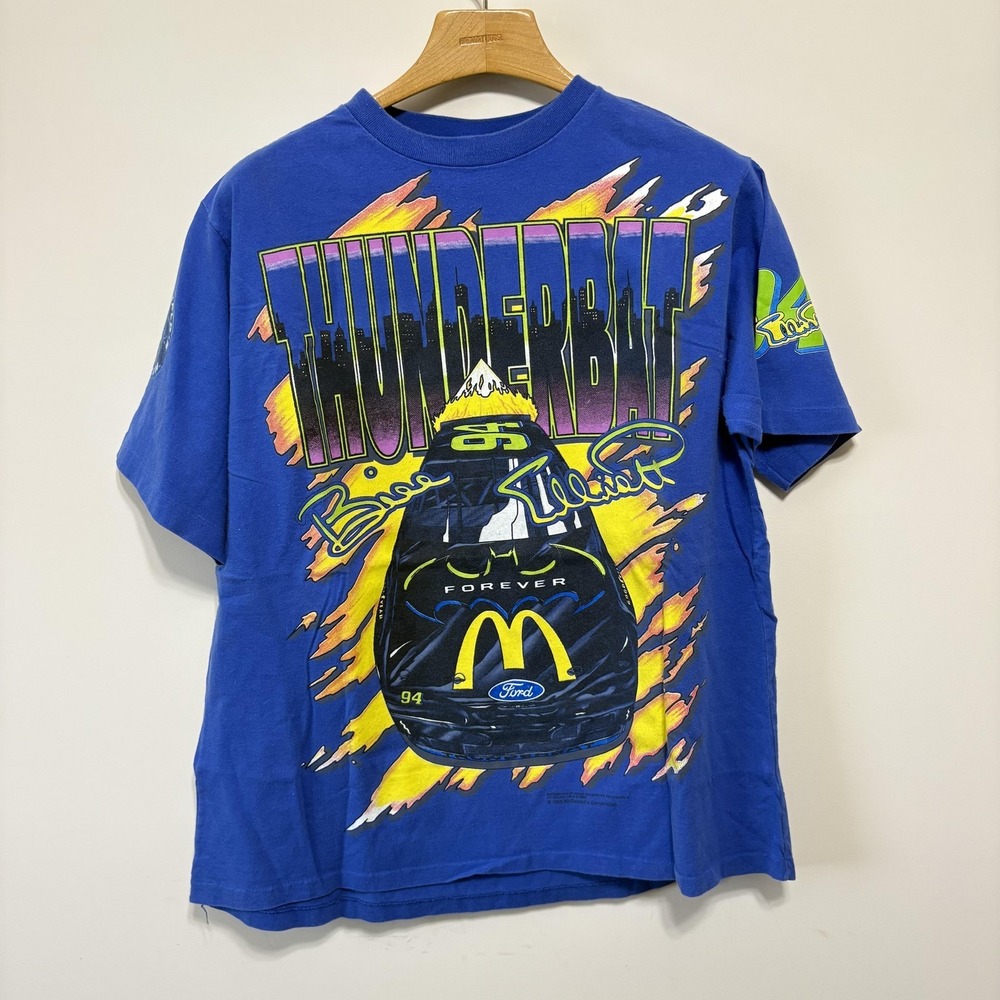 Vintage Batman McDonald's Nascar Shirt Thunderbat Size XL Blue 90s AOP Streetwea